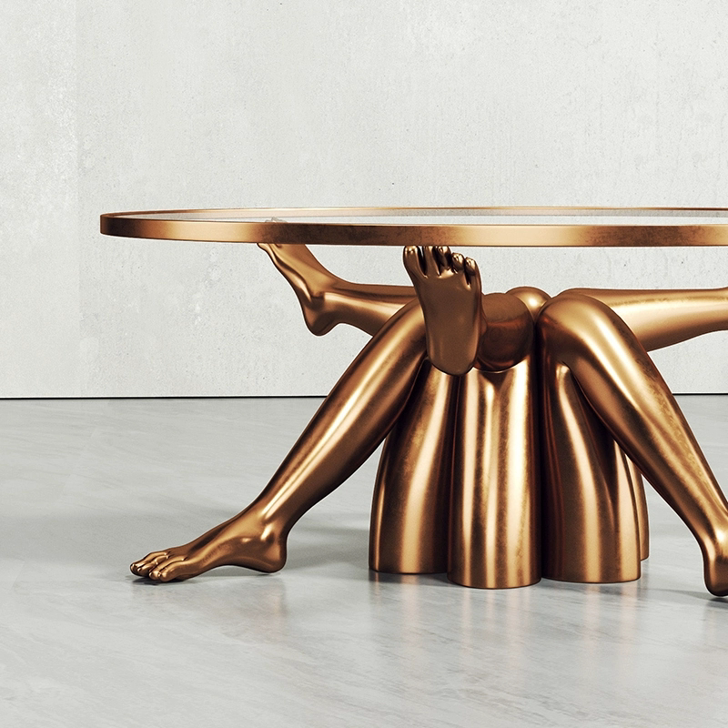 Designer Sculptural Leg Coffee Table – Luxury Gold Stainless Steel & Glass Art Furniture for Hotel Villa Living Room