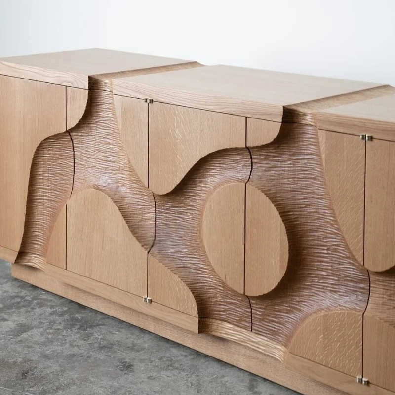 Luxury Sculpted Solid Wood Carved Sideboard, Designer Art Buffet Cabinet with 6 Doors, High-End Retro Entryway Storage