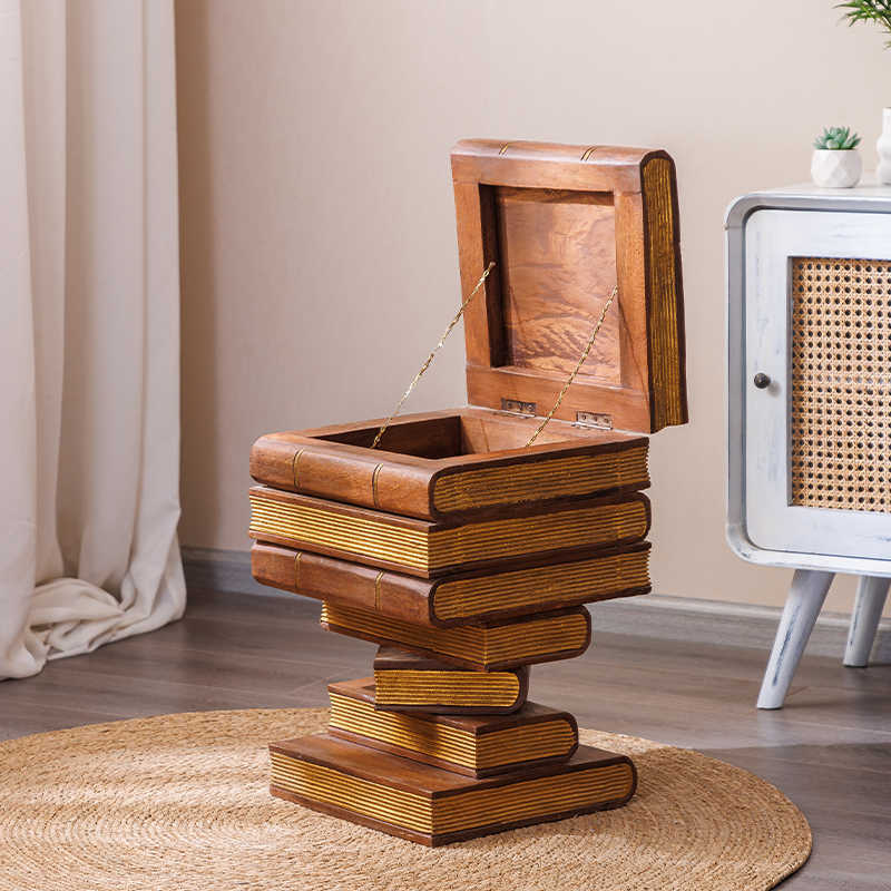 Thai Handcrafted Stacked Books Wooden Stool with Hidden Storage, Literary-Inspired Side Table & Shoe Changing Bench