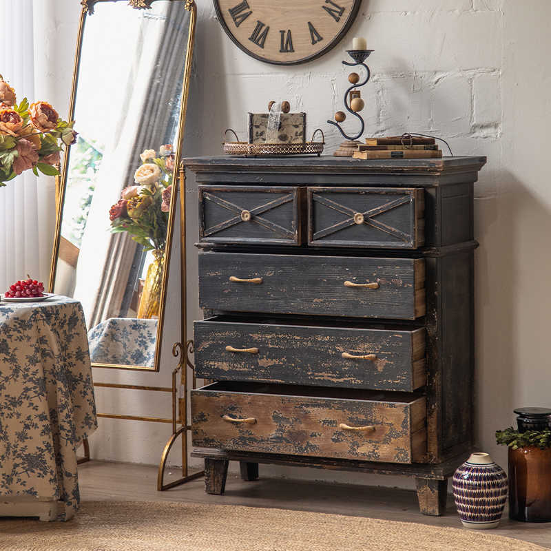 American Country Vintage Black Distressed Chest, Wabi-Sabi Style Entryway Cabinet, Rustic Tall Dresser for Home, Café, B&B, Balcony Display