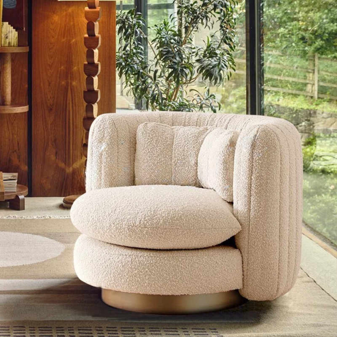 Luxury Boucle Designer Club Chair – Minimalist Modern Swivel Lounge Accent, Plush Teddy Fabric Single Sofa, Beige