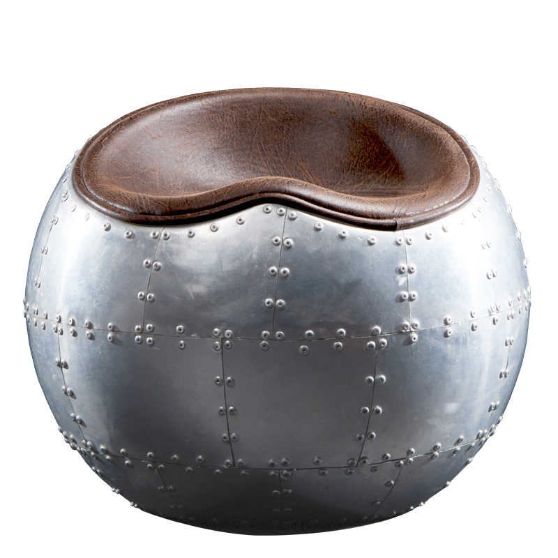 SPITFIRE Aluminum Riveted Sphere Ottoman with Leather Top, Aviation-Inspired Industrial Metal Accent Stoo