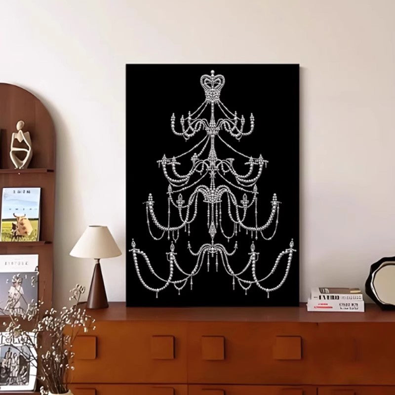 Modern Minimalist Pearl Chandelier Wall Art – Abstract Luxury Living Room, Hallway, and Entryway Decorative Painting, Matte Micro-Spray with Black Aluminum Frame