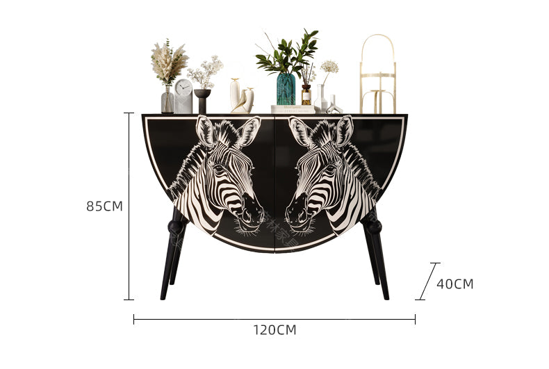 Luxury Hand-Painted Zebra Entryway Cabinet, Artistic Solid Wood Sideboard for Living Room & Hallway