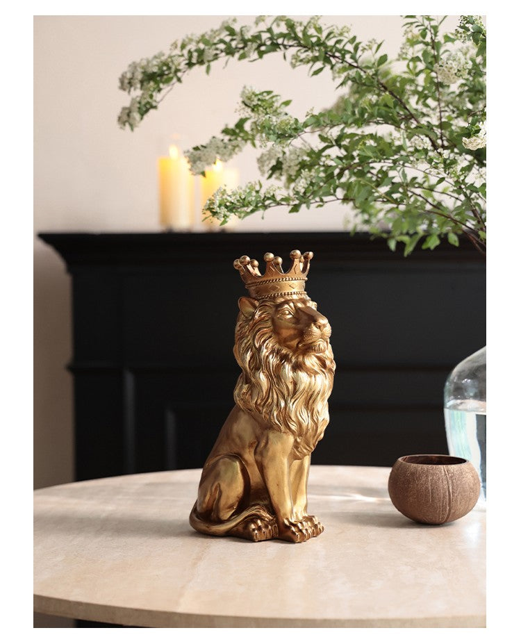 Crowned Lion Feng Shui Sculpture in Antique Gold Finish, European Style Prosperity Symbol for Desktop & Mantel Display, Regal King Lion Figurine