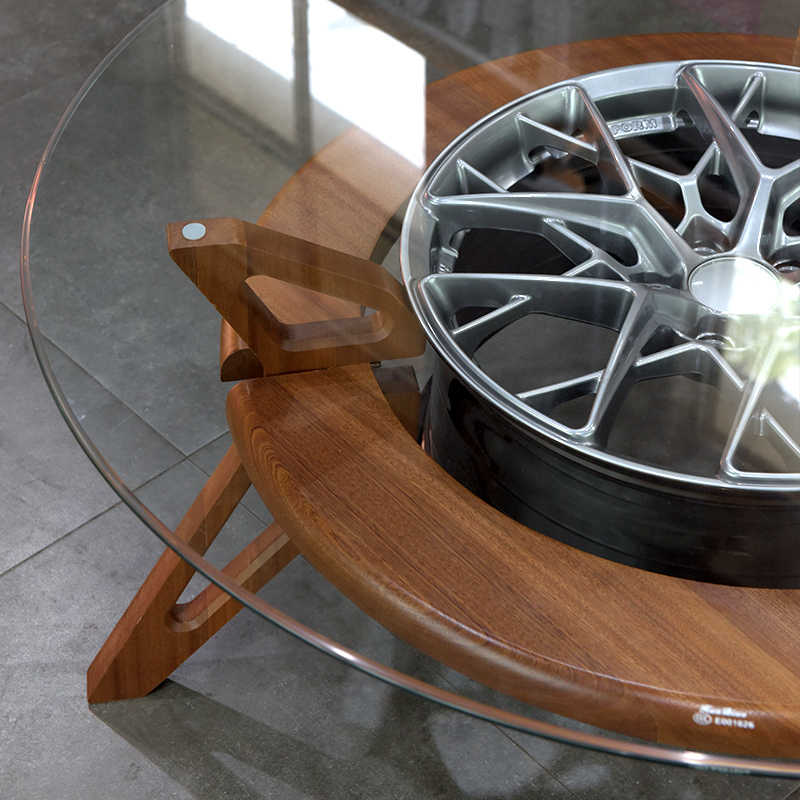 Modern Racing Wheel Hub Coffee Table – Solid Wood Base, Glass Top, Automotive Rim Display Stand, Sports Car Theme Decor
