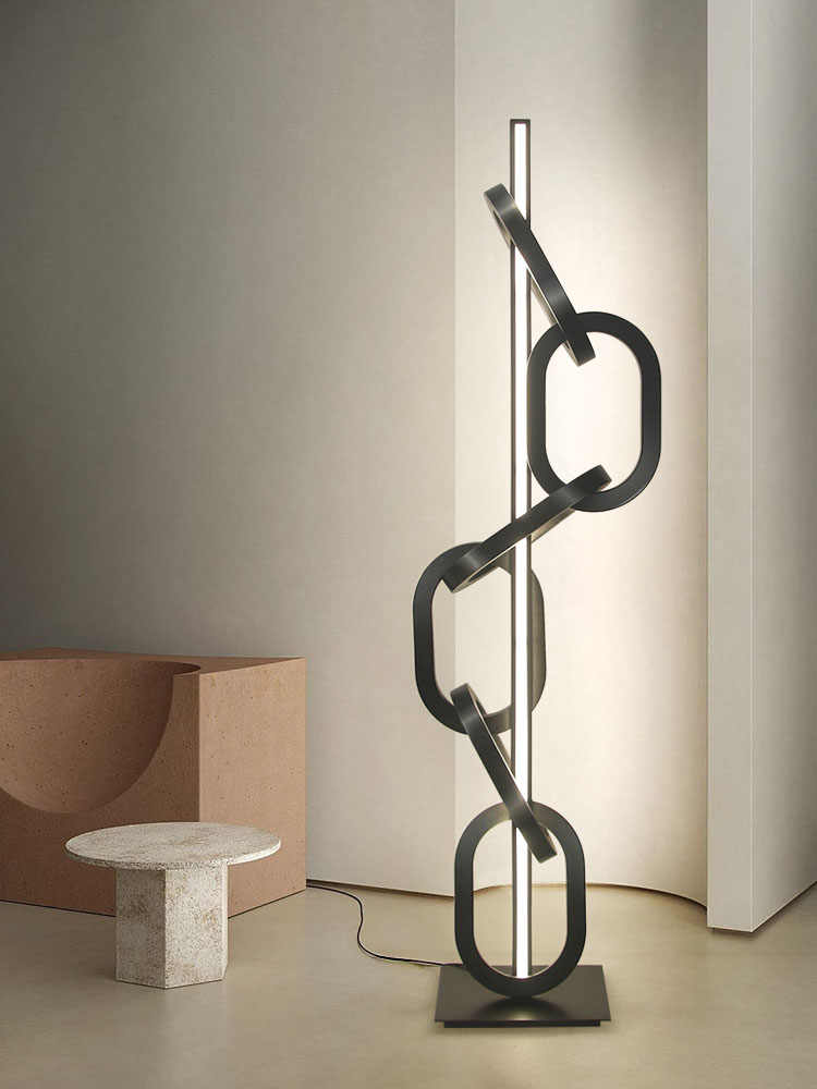 Designer Black Chain Ring Sculpture Floor Lamp, Modern Creative Sand Black Stainless Steel Lighting for Showroom/Living Room/Luxury Decor