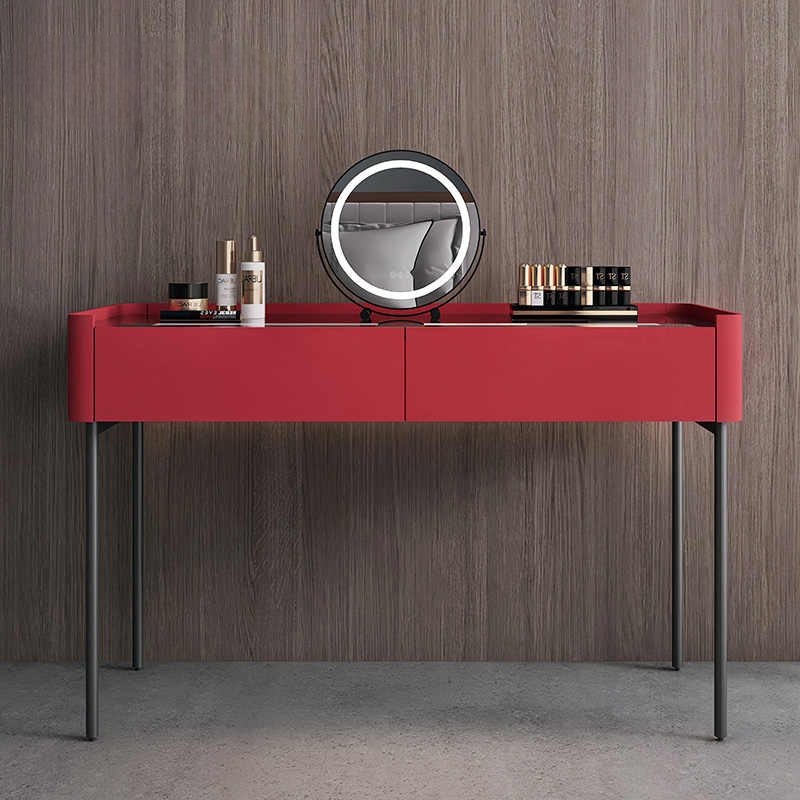 Minimalist Lacquered Vanity Table, Extra-Wide Bedroom Dressing Desk with Jewelry Lock Drawer – Red Finish