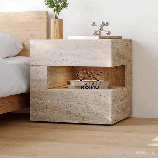 Contemporary Travertine Stone Wabi-Sabi Floating Nightstand – Intelligent LED Lighting Solid Wood Bedside Cabinet with Drawer Storage