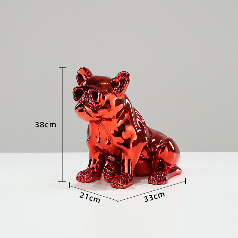 Electroplated Bulldog Sculpture Set (Blue & Red), Modern Minimalist Chrome Resin Art for Living Room & TV Stand, Influencer Decor