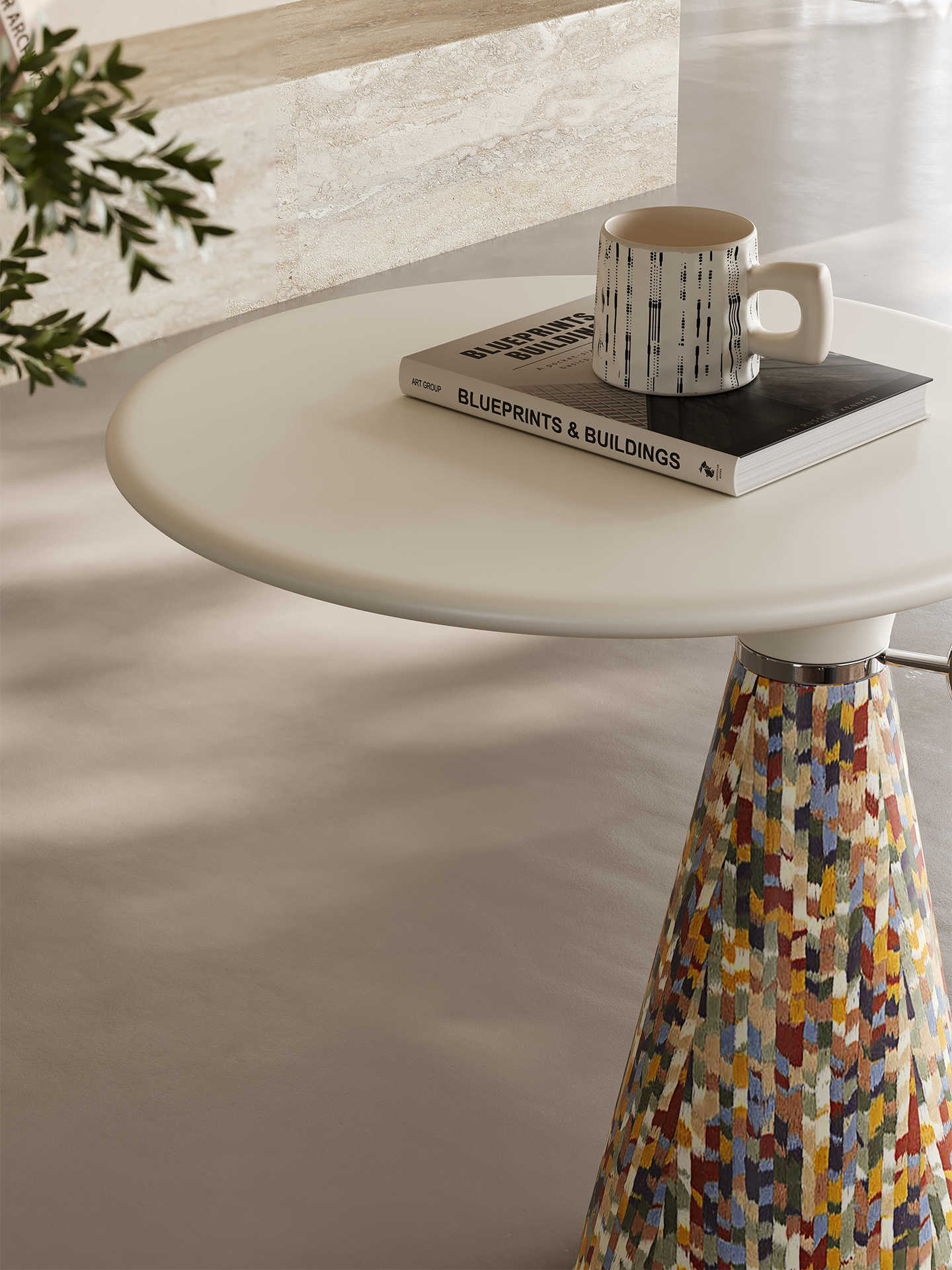 Patent Design Italian Minimalist Rainbow Accent Table – Contemporary Mosaic Pedestal with Sculptural Form & Chrome Ring Detail