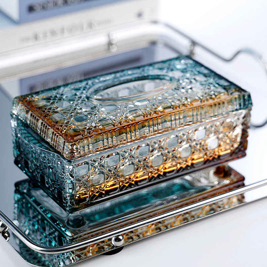 Luxury Emerald Gold Glass Tissue Box, Premium Gradient Crystal Napkin Dispenser with Ornate Pattern for Hotel Desktop, High-End Home Décor Storage