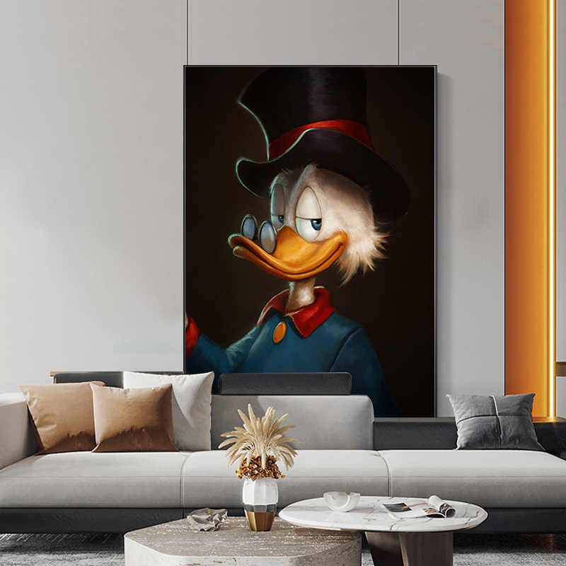 Hand-Painted Scrooge Duck Oil Painting, Large Cartoon Animal Modern Wall Art, Entryway, Living Room & Bedroom Decorative Panel, Black Aluminum Frame