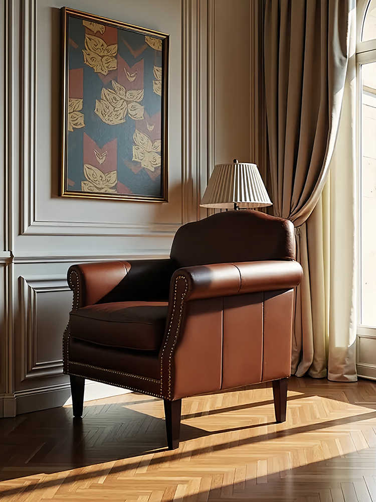 Vintage Genuine Leather Club Chair – Retro Small Living Room Accent Armchair, Brown Tufted Reading Lazy Chair