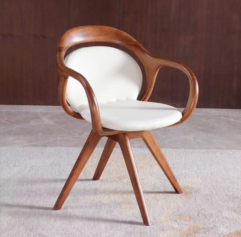 Modern Walnut Swivel Lounge Chair, Premium Solid Wood & Genuine Leather Nordic Reading Chair