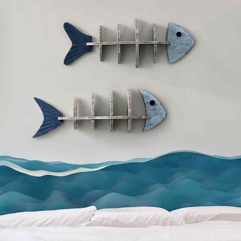 Mediterranean Fish Bone Wall Shelf – Coastal Blue Wooden Display Rack, Nautical Storage Organizer with Multiple Compartments for Home Decoration