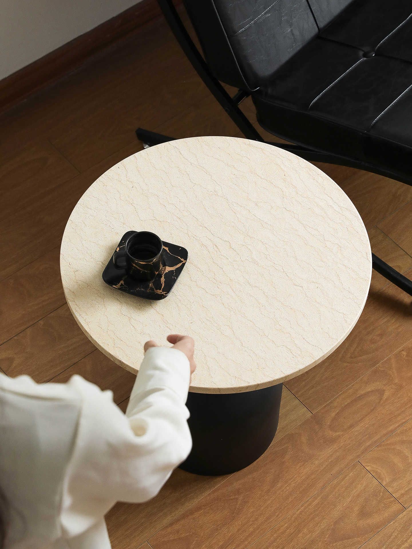 Modern Marble Side Table, Round Beige Stone & Black Gold Metal Accent Table for Living Room, Sofa & Bedroom