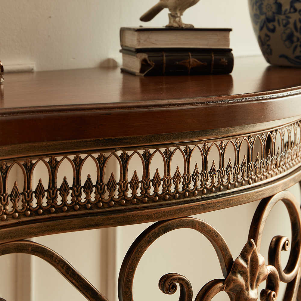Vintage Entryway Console Table – Ornate Wrought Iron & Wood Foyer Table, Classic Half-Moon Accent