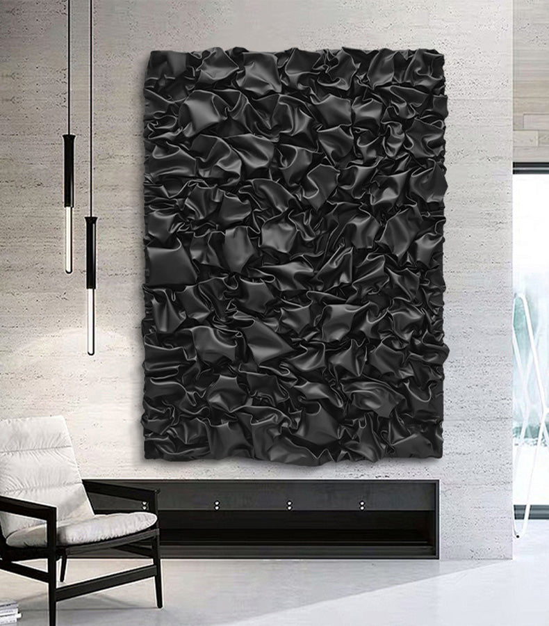 Modern 3D Black Leather Abstract Wall Art, Large Textured Relief Art Panel, Designer Statement for Living Room or Entryway
