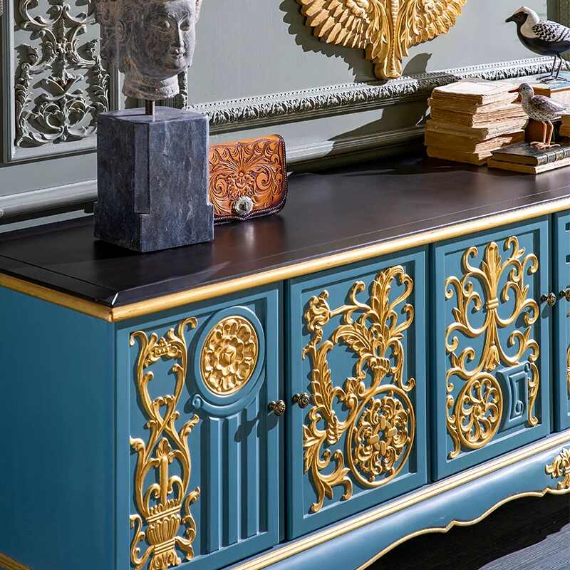 Solid Wood Carved Gold TV Cabinet, Luxury Vintage 6-Door Console Sideboard for Villa Living Room