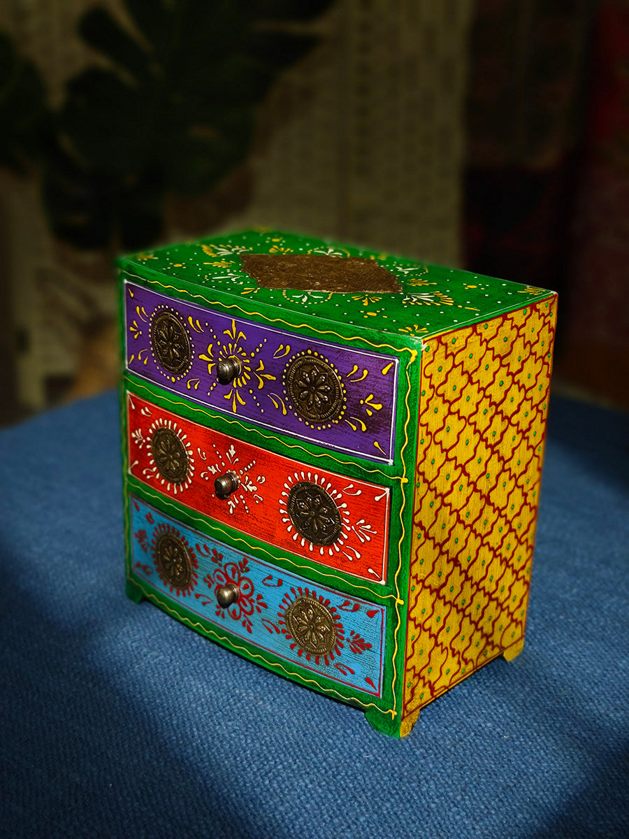 Hand-Painted Wood Jewelry Box with 3 Drawers and Metal Accents