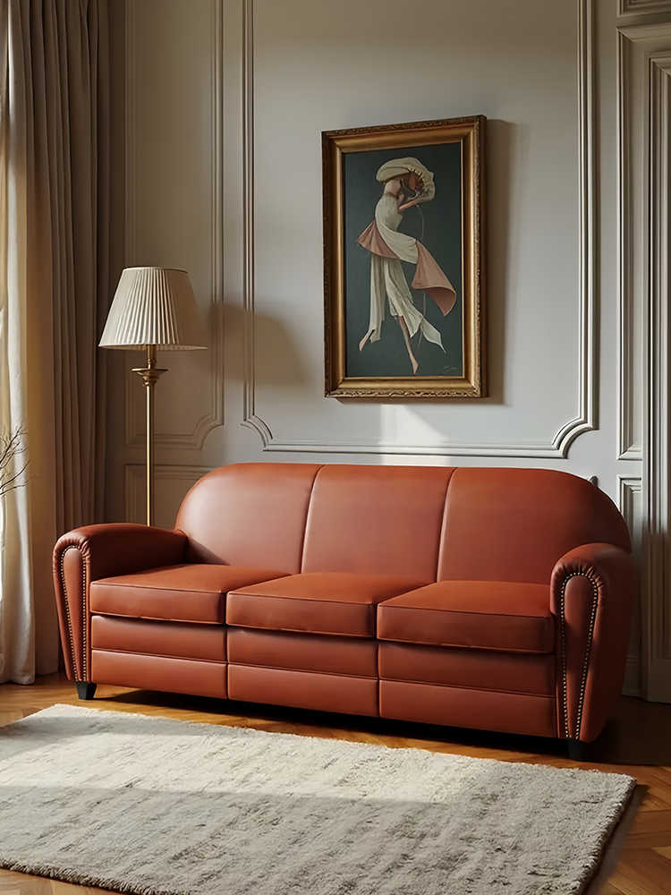 Vintage Genuine Leather Sofa – Retro Designer 3 Seater Couch for Small Living Room & Luxury Apartment, Tufted Brown