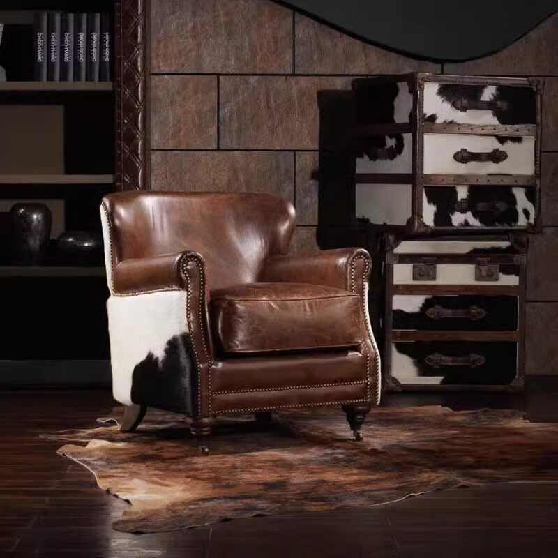 Vintage "Tiger Chair" Club Armchair – Premium Italian Leather & Cowhide Upholstery with Brass Nailhead Trim, Export Quality Cigar Lounge Seating