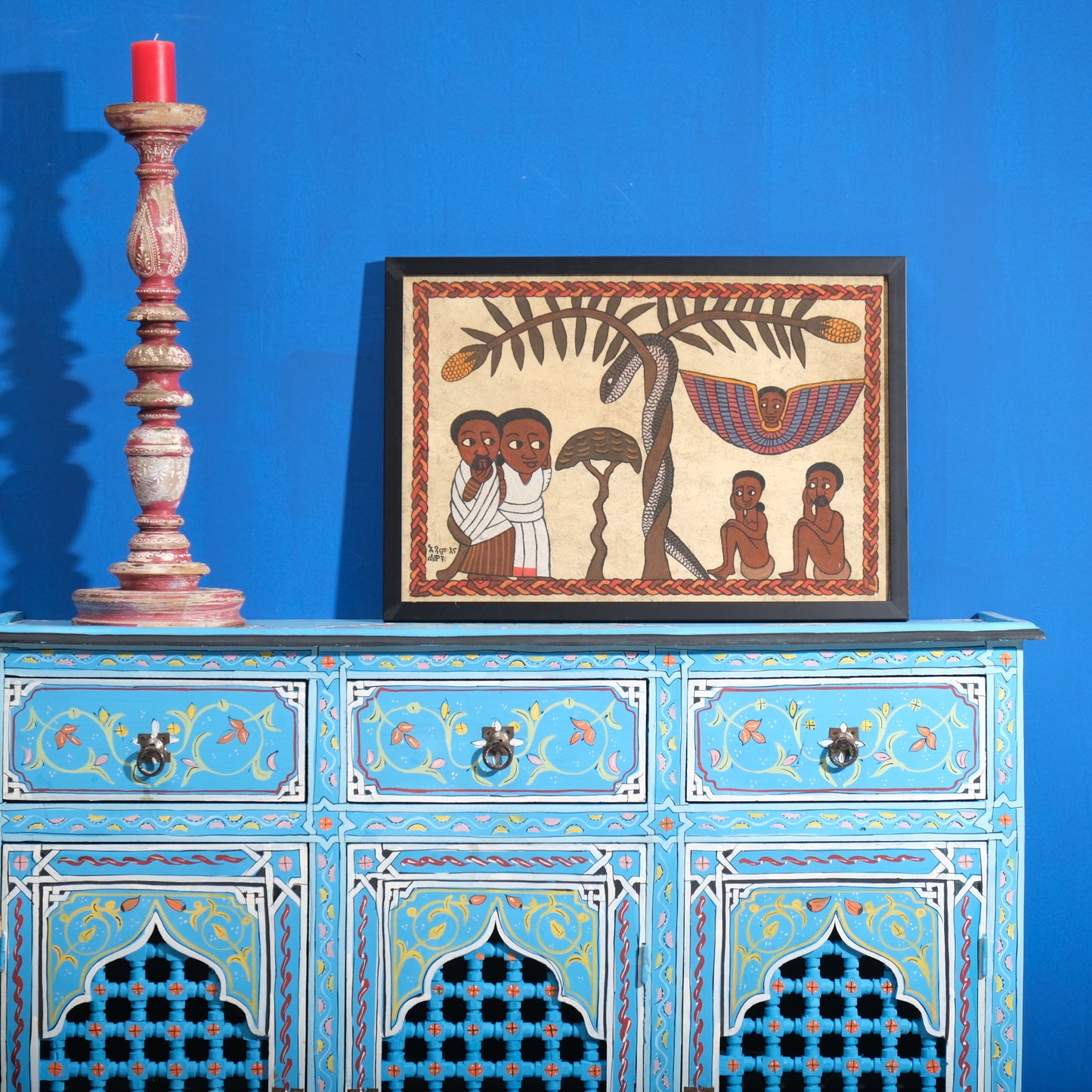 Moroccan Hand-Painted Solid Wood Cabinet, Exotic Blue Entryway Shoe Storage Sideboard