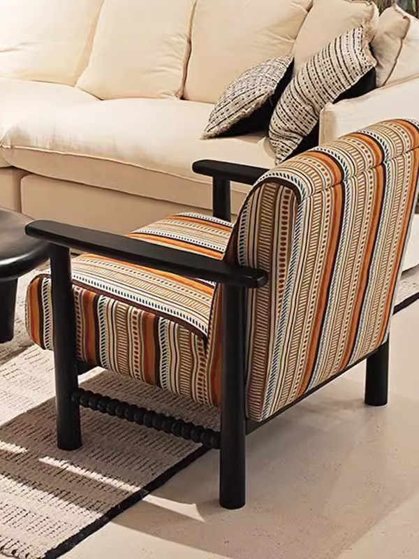 Vintage Solid Wood Armchair – Retro Striped Single Lounge Chair for Living Room, Balcony, Studio, or Hotel