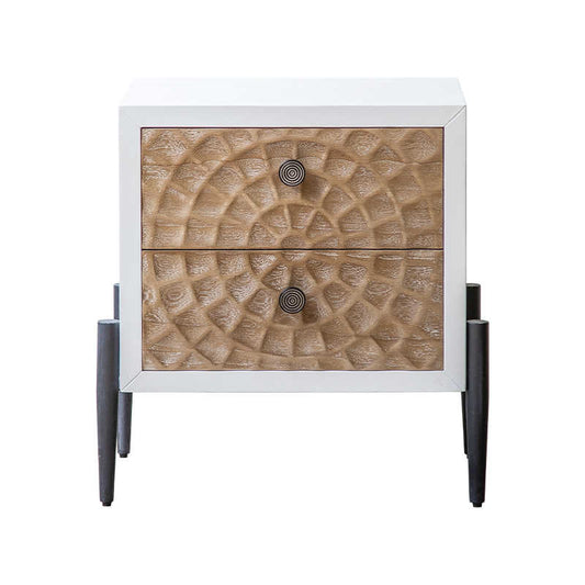 Wabi-Sabi Vintage Nightstand, Hand-Carved Geometric Bedside Table with White Frame and Textured Drawers, Modern Retro Sofa End Table for Bedroom or Living Room