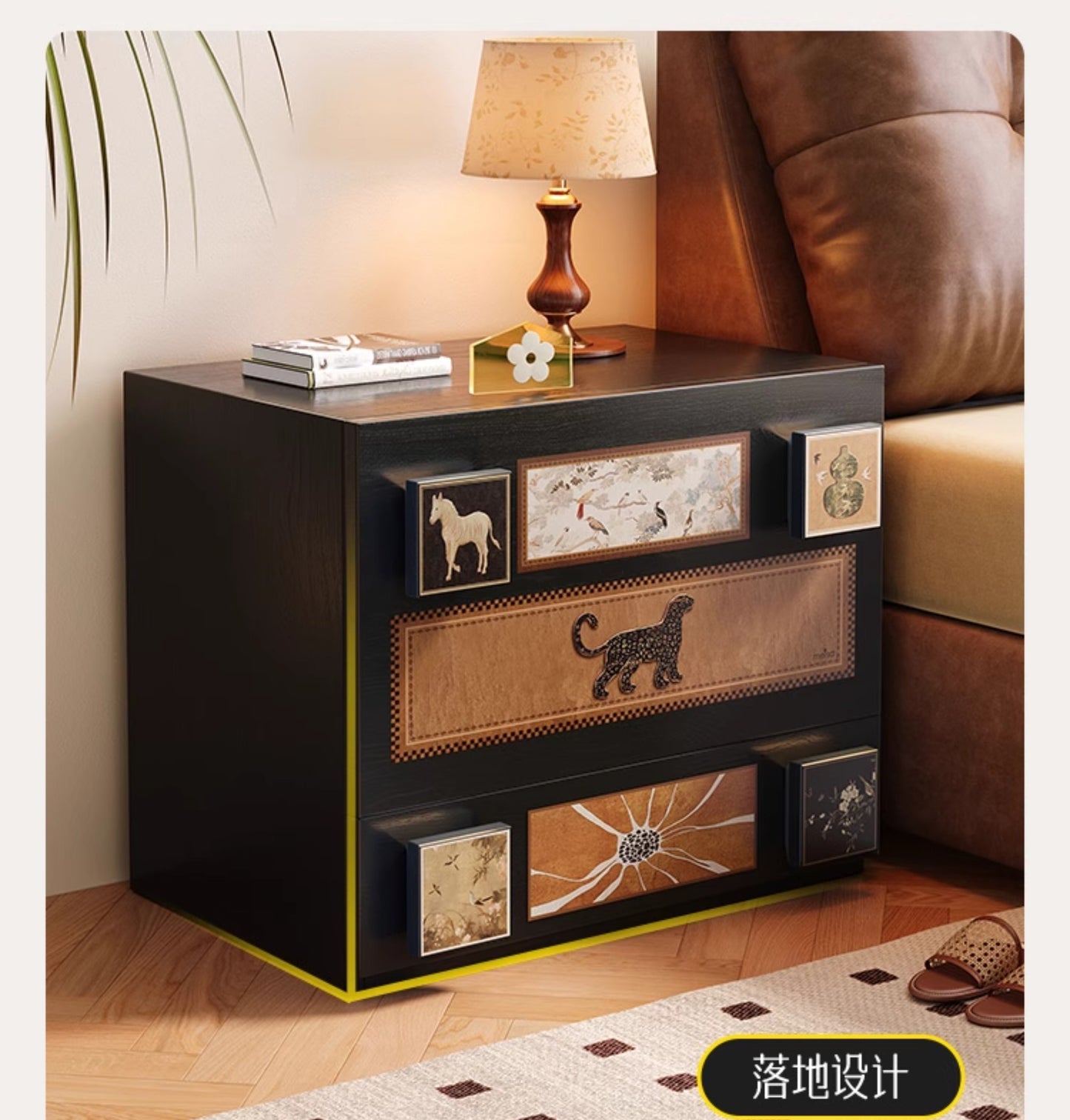 Vintage Solid Wood Nightstand with Artistic Animal Panels, Luxury Bedside Cabinet with Multiple Drawers, Mid-Century Style Carmen Collection Bedroom Furniture