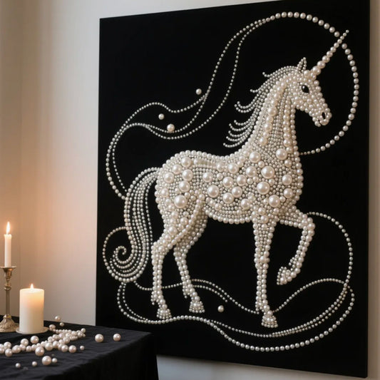 Luxury Pearl Unicorn Wall Art – Modern Minimalist Living Room, Bedroom, Corridor Decorative Painting, Handmade Matte Micro-Spray with Black Aluminum Frame