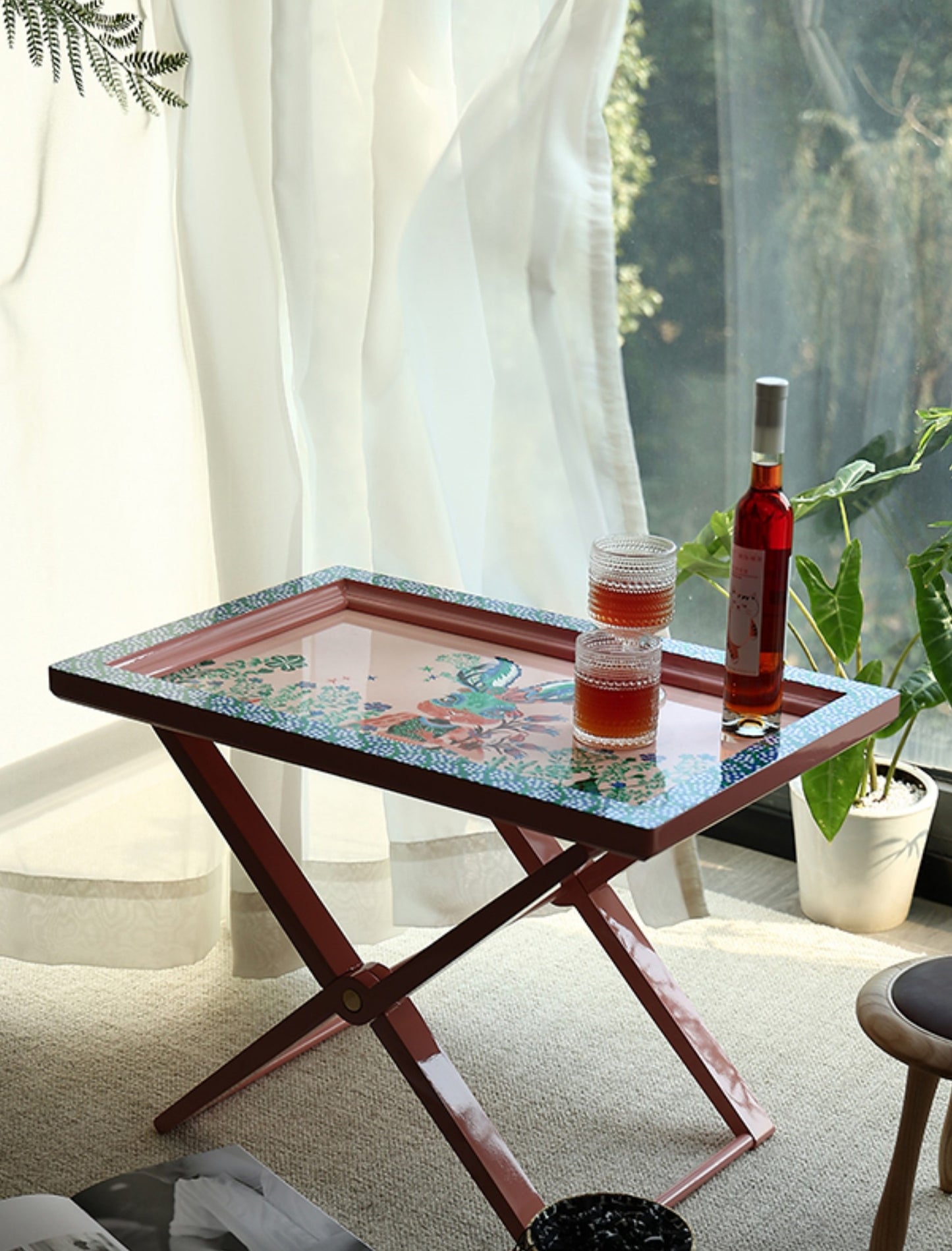 Birch Wood Folding Tea Table, Hand-Painted Floral Garden Bunny Design Side Table, Portable TV Tray with Pink Frame