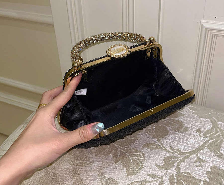 UGALS French Luxury Beaded Evening Clutch with Crystal Handle, Vintage Rhinestone Frame Purse with Chain Strap