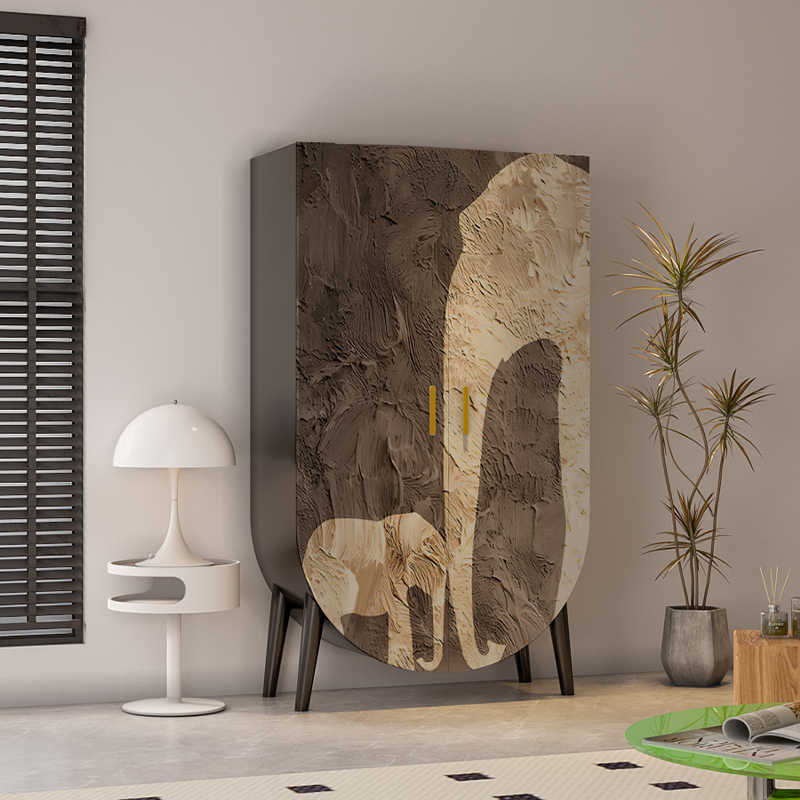 Modern Minimalist Wood Storage Cabinet | Abstract Art Double Door Wardrobe, Versatile Solid Pine Organizer for Bedroom, Living Room, Dining Area