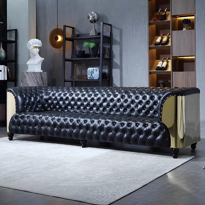 American Industrial Chesterfield Sofa with Copper Aluminum Panels, Designer Aged Black Oil Wax Leather Cigar Bar Couch