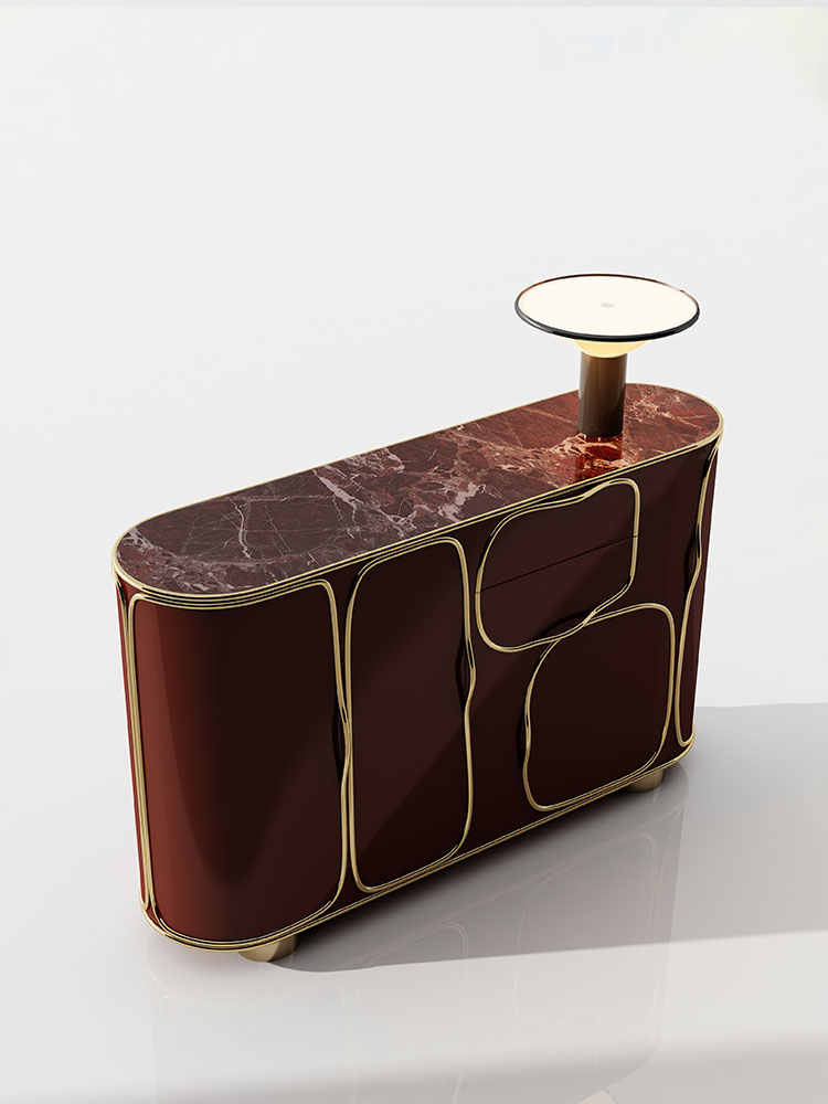 Royal Red buffet cabinet Solid Wood Sideboard Buffet – Modern Designer Storage Cabinet with Marble Top for Living Room, Villa, Entryway
