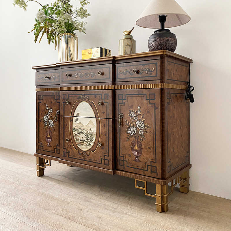 Neoclassical Hand-Painted Sideboard, Vintage Console with Carved Floral Panels, Luxury Entryway Storage Cabinet