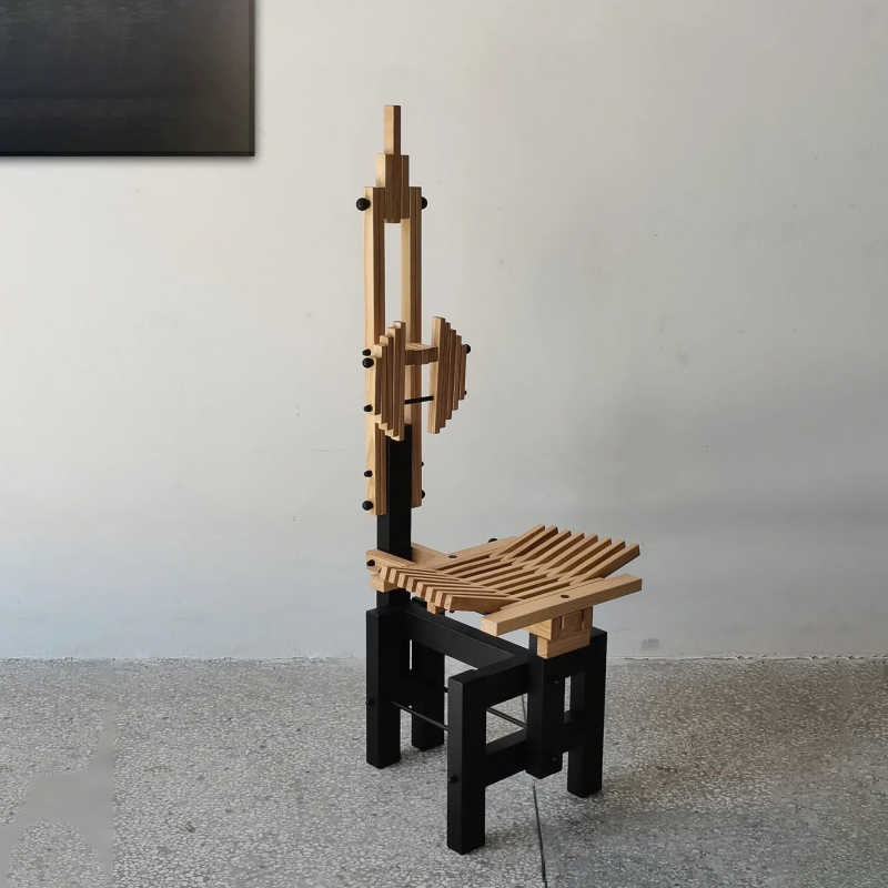 Postmodern Creative Block Chair, Sculptural Architectural Wood & Metal Accent Armchair – Designer Minimal Sample Room Statement Seat