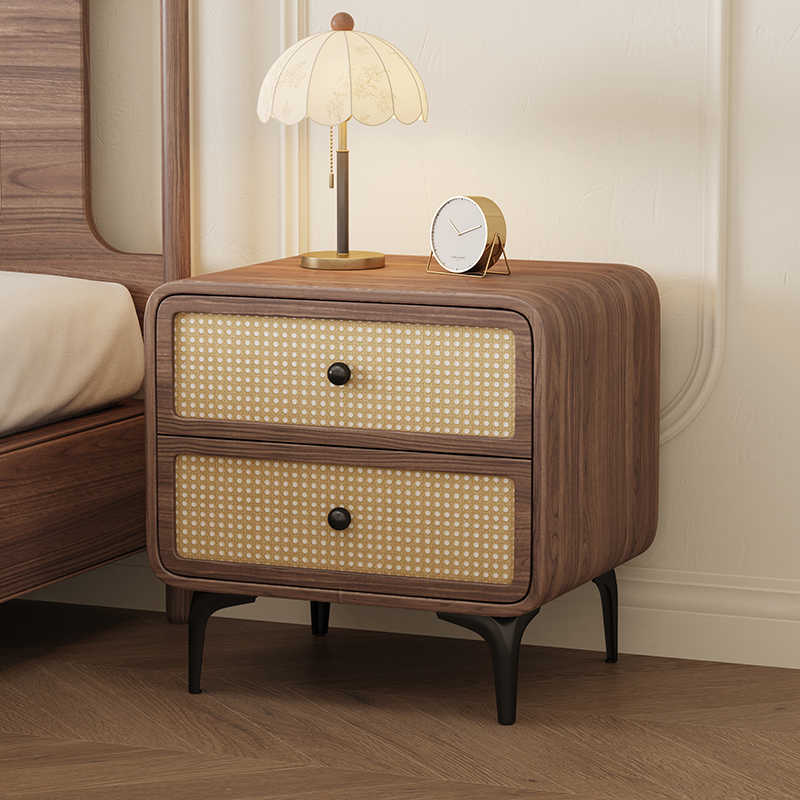 Mid-Century Modern Rattan Nightstand – Solid Wood & Woven Cane Two-Drawer Bedside Cabinet, Contemporary Scandinavian Bedroom Storage Furniture