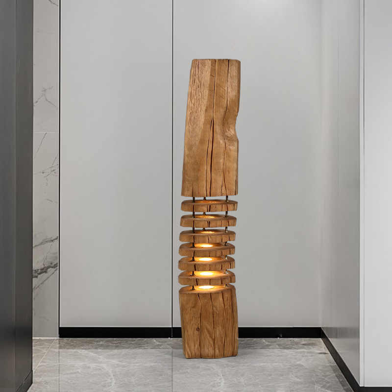 Modern Solid Wood Carved Floor Lamp, Artistic Designer LED Standing Light for Restaurant, Hotel, or Living Room Décor