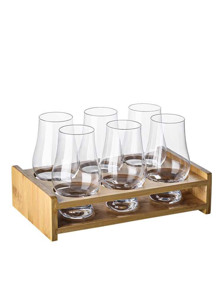 Crystal Tulip Whiskey Snifter Glass 200ml – Professional Tasting Glass for Cognac, Brandy, Whisky, Spirits, 6-Pack with Solid Wood Rack