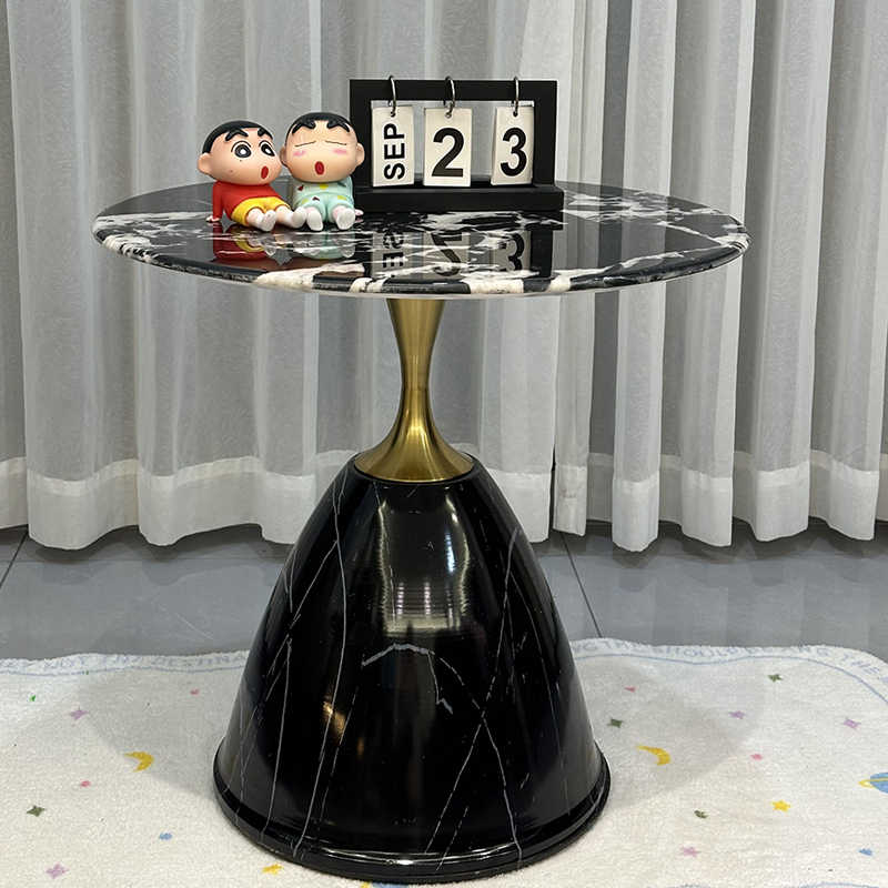 Luxury Nero Marquina Marble Side Table – Modern Round Accent Table with Gold Brass Base, Contemporary Living Room Furniture