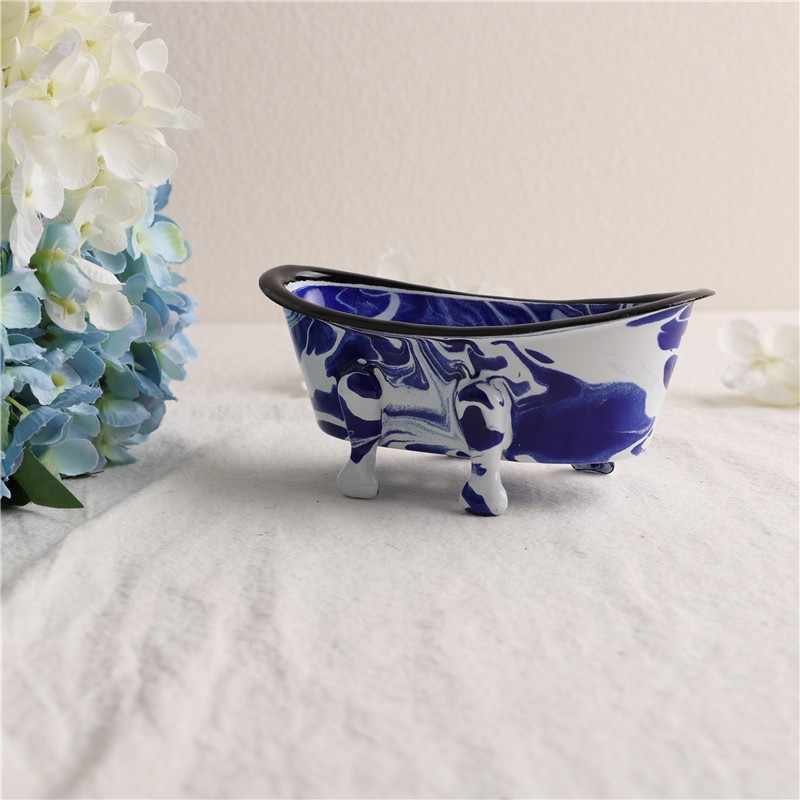 Klein Blue Marble Pattern Draining Soap Dish, Bathtub Shape Soap Box with Drainage Hole