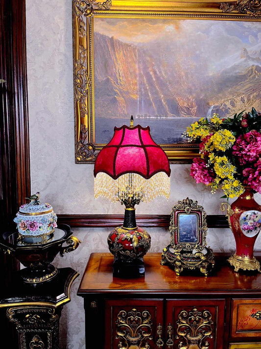 Luxury Handcrafted Villa Table Lamp, Burgundy Red & Gold Vintage Classic Lamp for Living Room, Entryway, or Bedroom