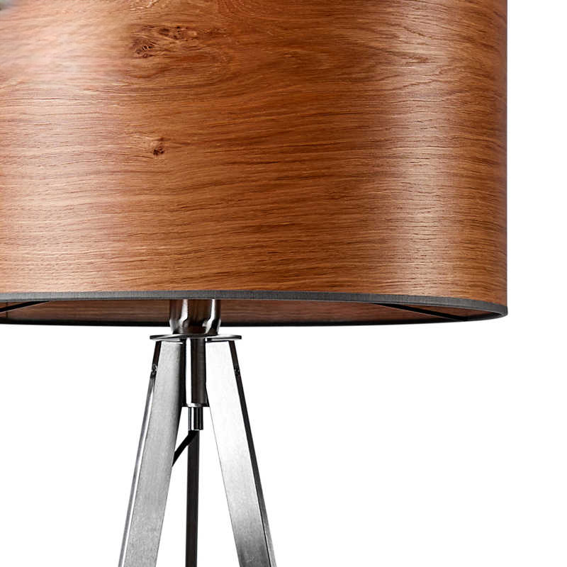 Modern Minimalist Tripod Floor Lamp with Natural Wood Grain Shade, Contemporary Metal Standing Light for Living Room and Bedroom Decor