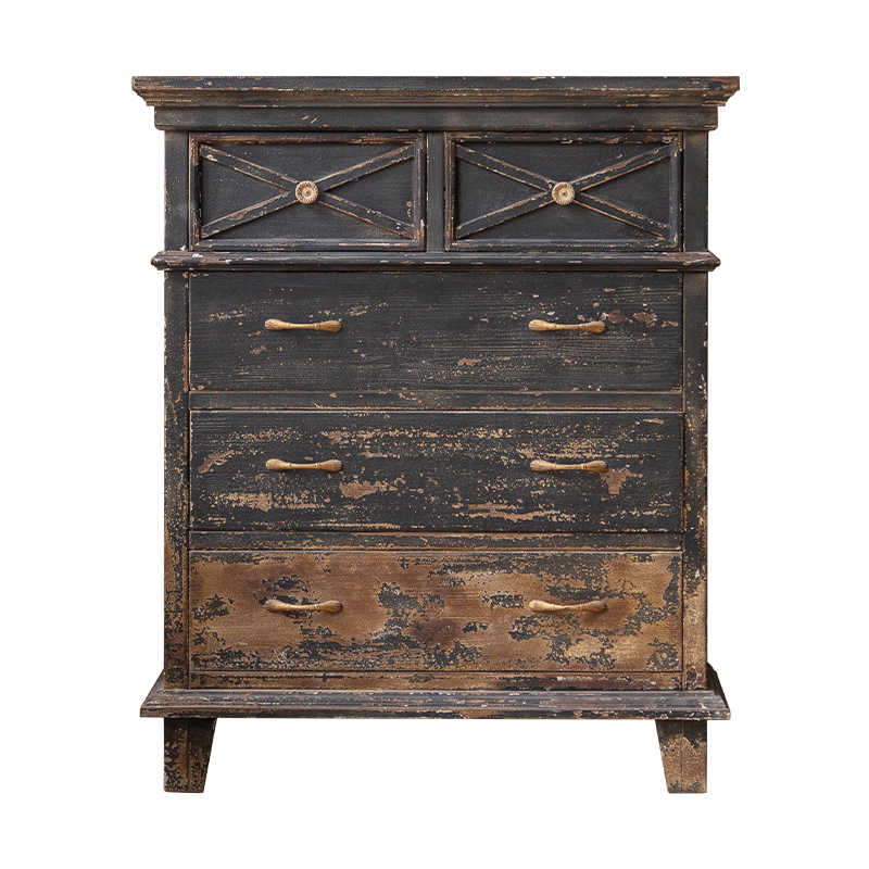 American Country Vintage Black Distressed Chest, Wabi-Sabi Style Entryway Cabinet, Rustic Tall Dresser for Home, Café, B&B, Balcony Display