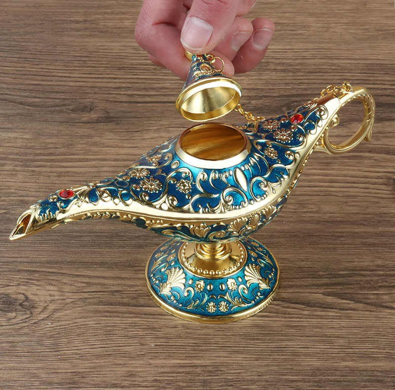 Aladdin Gold XXL Wish Lamp, Luxury Art Deco Genie Lamp, Ornate Home Bar, Living Room, Ins-style, Study Cabinet Blessing Decor