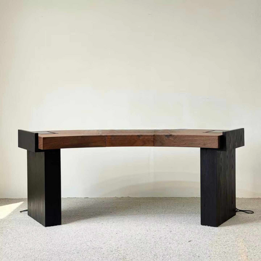 Designer Two-Tone Solid Wood Ergonomic Desk, Modern Curved Office Table, Vintage Minimalist Walnut and Black Workspace for Home Office
