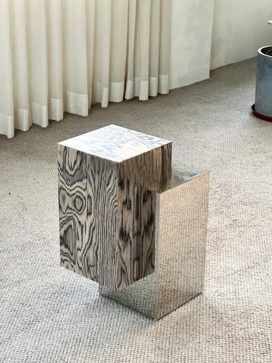 Custom Vintage Wood & Mirror Finish Metal Accent Table, Designer Stacked Block Nightstand for Hotels, Apartments, and B&Bs
